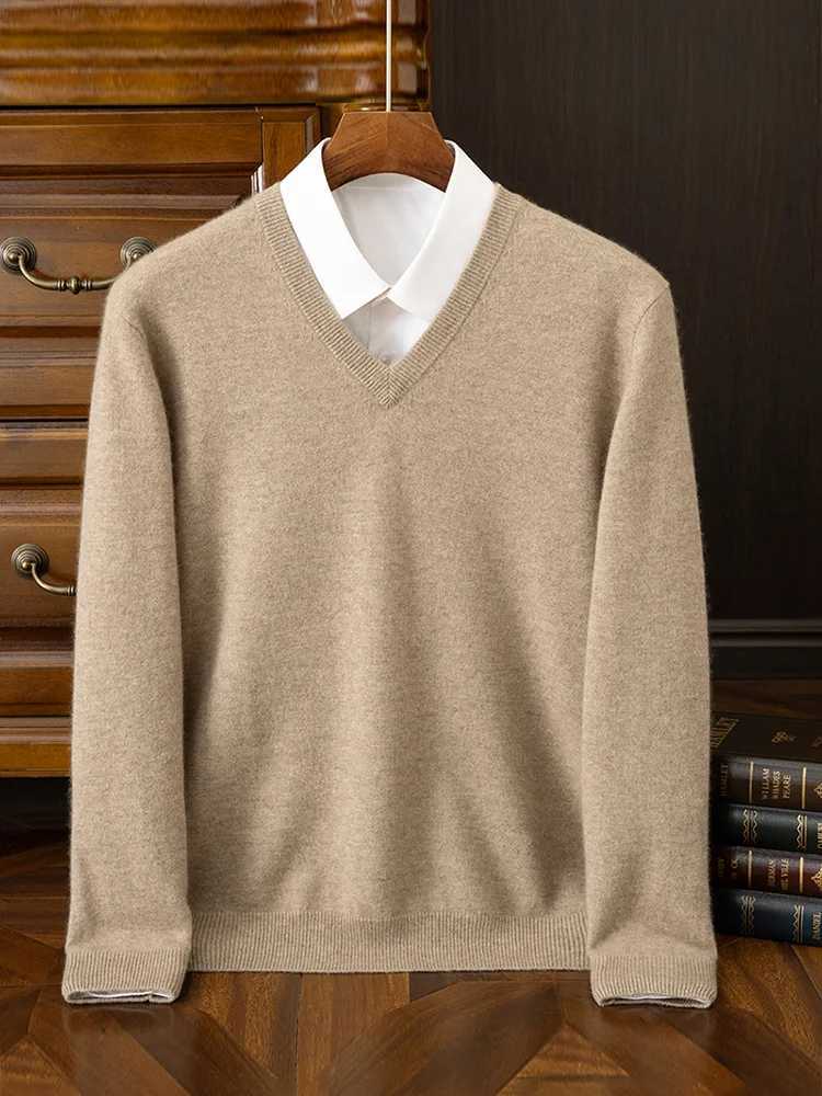 Fashion Mens 100 Cashmere Pullover Sweater Vneck Long Sleeve Thick Pullover Autumn Winter Smart Casual Cashmere Knit ClothingZ250918