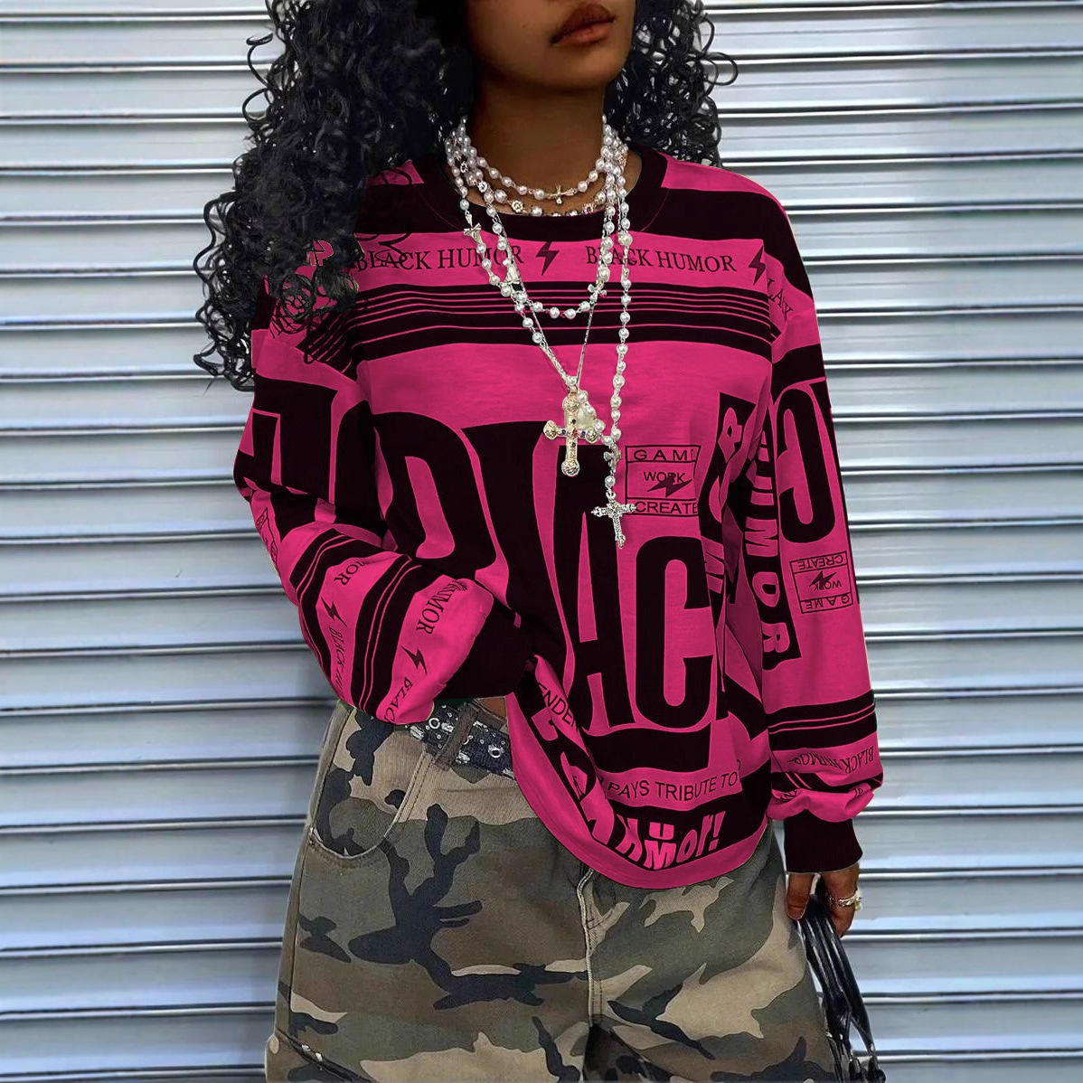 Women's Fashion Trendy Style Long Sleeve Sweatshirt with Letter Print Loose Pullover