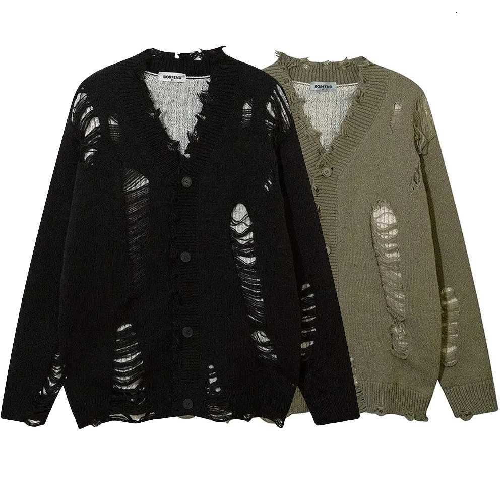 Mens Autumn Winter Ripped Sexy Cardigan Knitted Sweater Essential Hollow American High Street Loose Knitted Jacket For CouplesZ250918