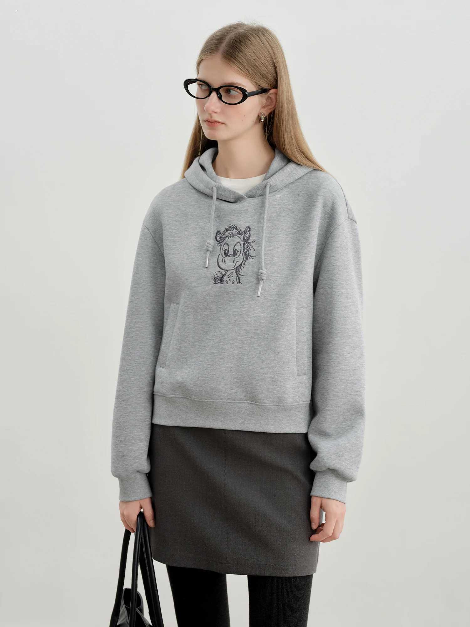 ZIQIAO Autumn Winter 2025 Womens Gray Hooded Sweatshirt Korean Style Embroidery Long Sleeve Pullover Top Casual Comfort FitZ250918