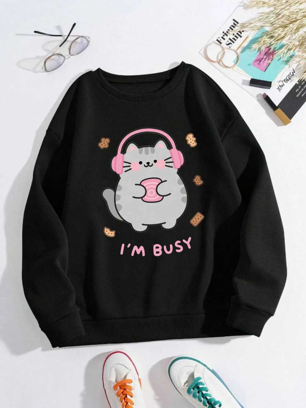 IM Busy Cute Cat Prints Hoodies Womens Comfortable Sweatshirts 2025 Autumn and Winter Hoodie Warm Casual Women ClothesZ250918