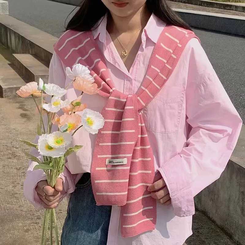 New striped knitted wen shl cardigan versatile thin spring summer Korean version airconditio ro Tie Woolen scarf Y250918