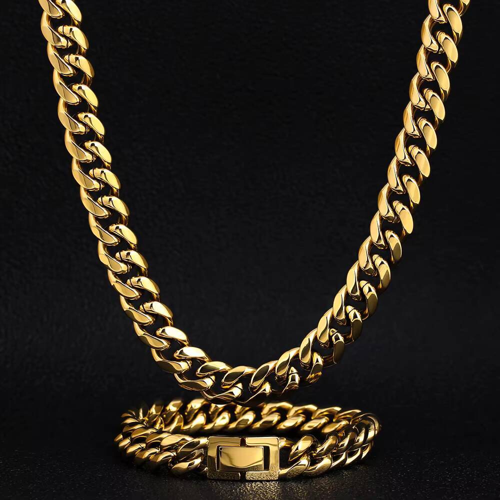 KRKC Custom Cuban Chain Set 14K Gold Plated High Quality Jewelry 10mm Hip Hop Black Rainbow Stainless Steel Cuban Link Necklace