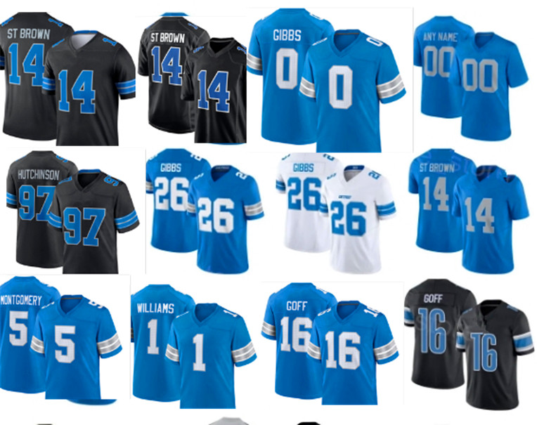 Lions Football Jersey 5 David Montgomery 16 Jared Goff 26 Jahmyr Gibbs 9 Jameson Williams 14 Amon-Ra St. Brown 87 Sam LaPorta 21 Amik Robertson Youth Women Men 369