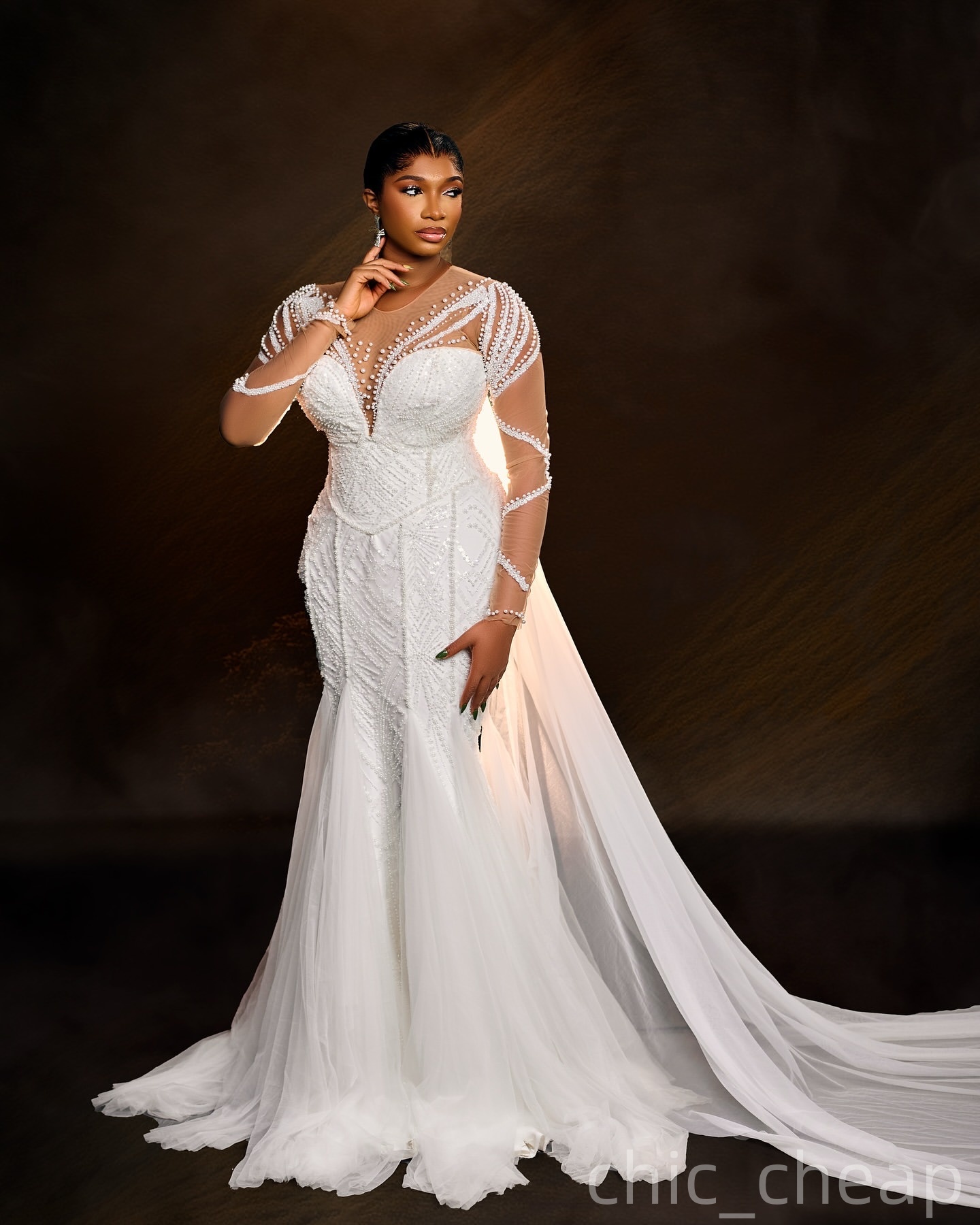 2025 Aso Ebi Plus Size Ivory Mermaid Wedding Dress Beaded Pearls Sheer Neck Full Sleeves Tulle Vintage Bridal Gowns Dresses ZJ0466
