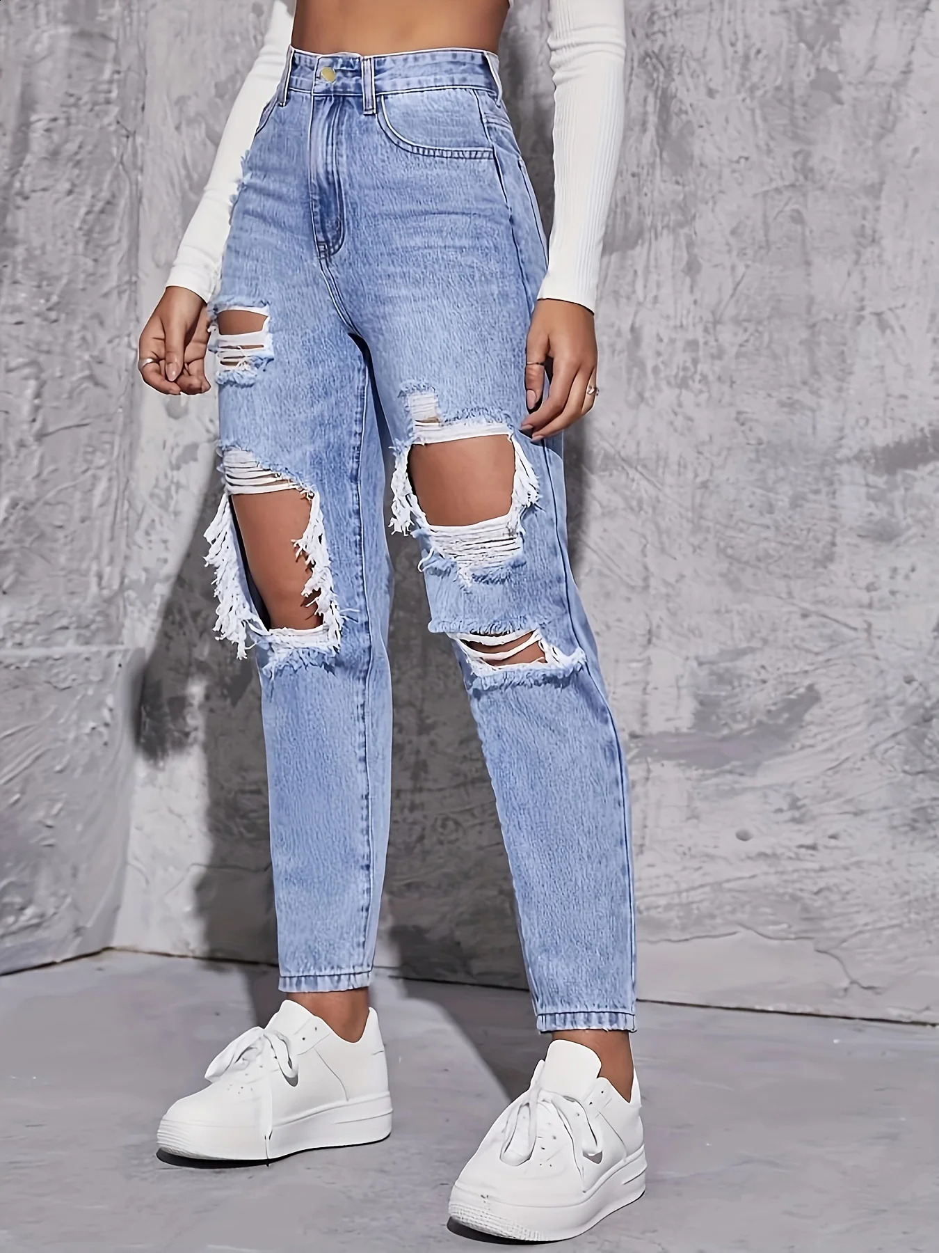 American Retro Holepunched Jeans Women High Waist Straightcrotch Loose Slim Highstreet Vibe Widelegged Dragging Pants Z260313