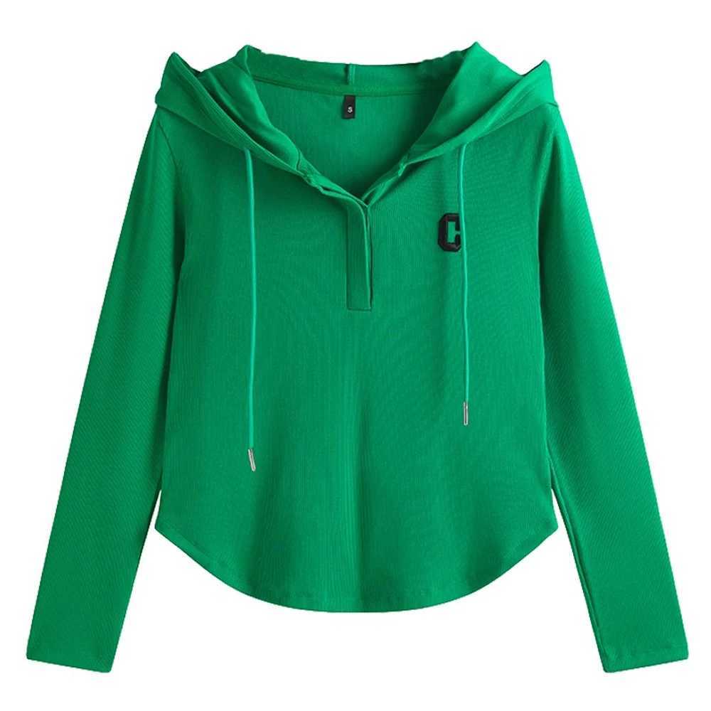 Green hooded long sleeved tshirt womens autumn and winter half zipper embroidered sports shirt casual plus size short topZ250918