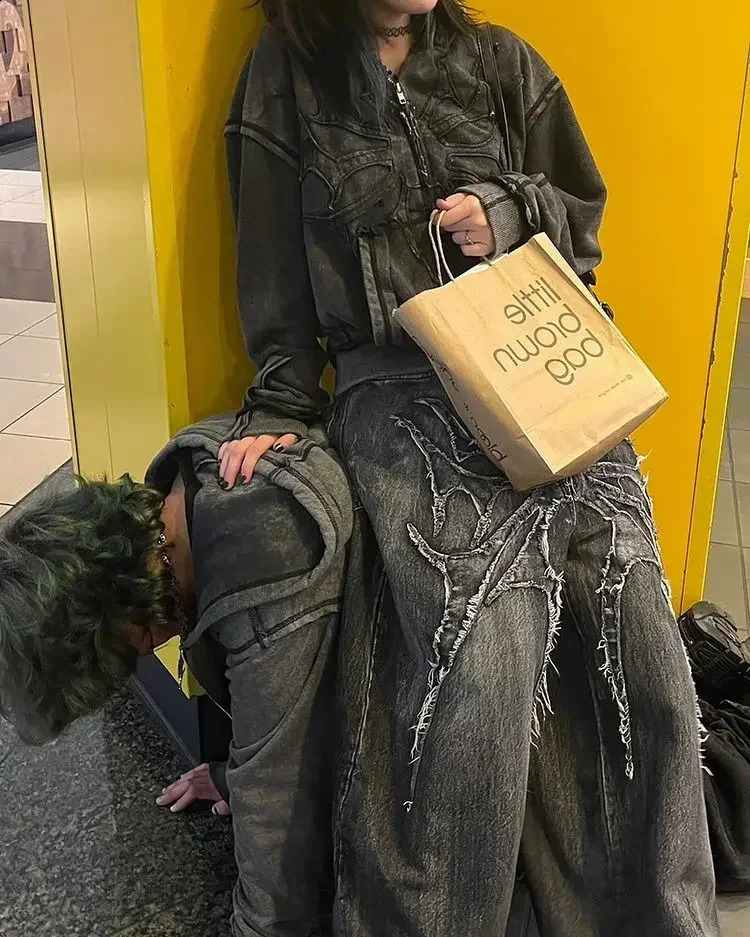 Y2K Baggy Jeans vintage Splicing y Pattern high quality jeans Hip Hop Gothic Streetwear men women Casual wide leg Z260313