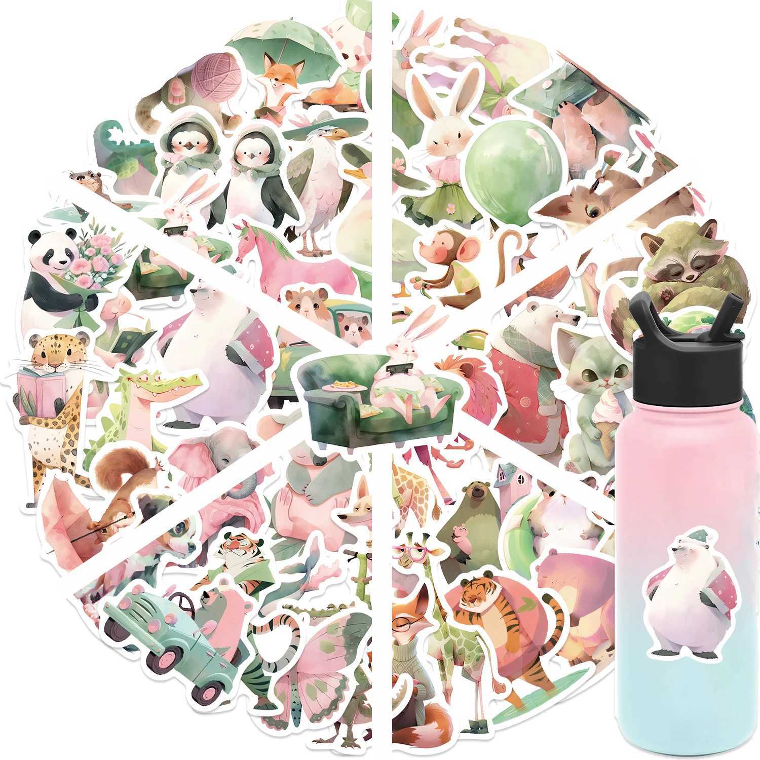 50Pcs Cute Pink Green Animals Stickers Cartoon Watercolor Animal Decals DIY Phone Laptop Luggage Skateboard Sticker Fun for Kids C250918