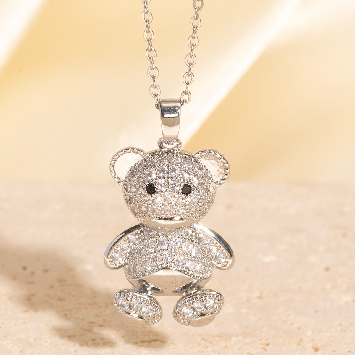 Silver - Toned Teddy Bear Pendant Necklace With Rhinestone Embellishment Delicate Daily & Cute Jewelry Gift For Her High - Quality And Fashionable Acc