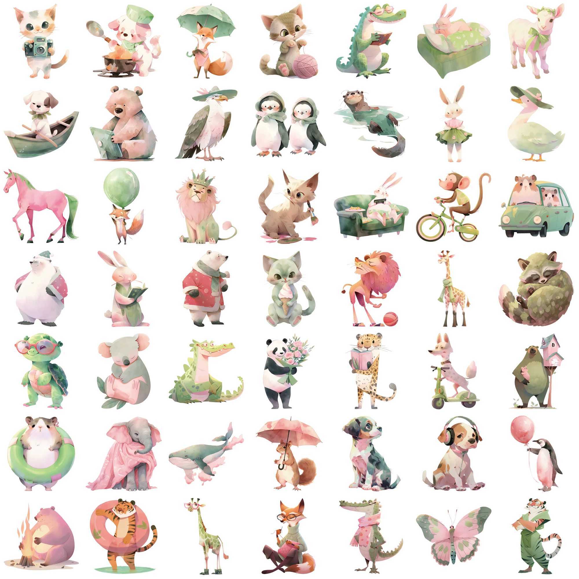 50Pcs Cute Pink Green Animals Stickers Cartoon Watercolor Animal Decals DIY Phone Laptop Luggage Skateboard Sticker Fun for Kids C250918