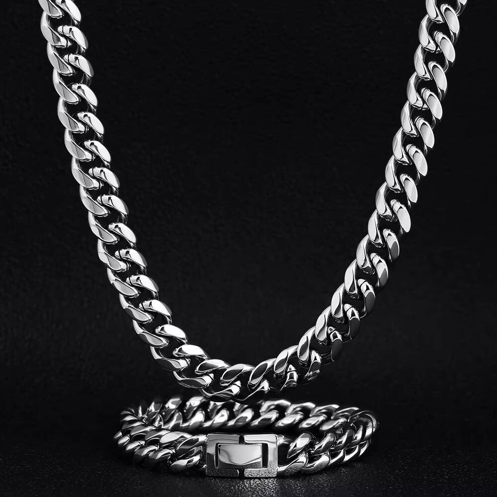 KRKC Custom Cuban Chain Set 14K Gold Plated High Quality Jewelry 10mm Hip Hop Black Rainbow Stainless Steel Cuban Link Necklace