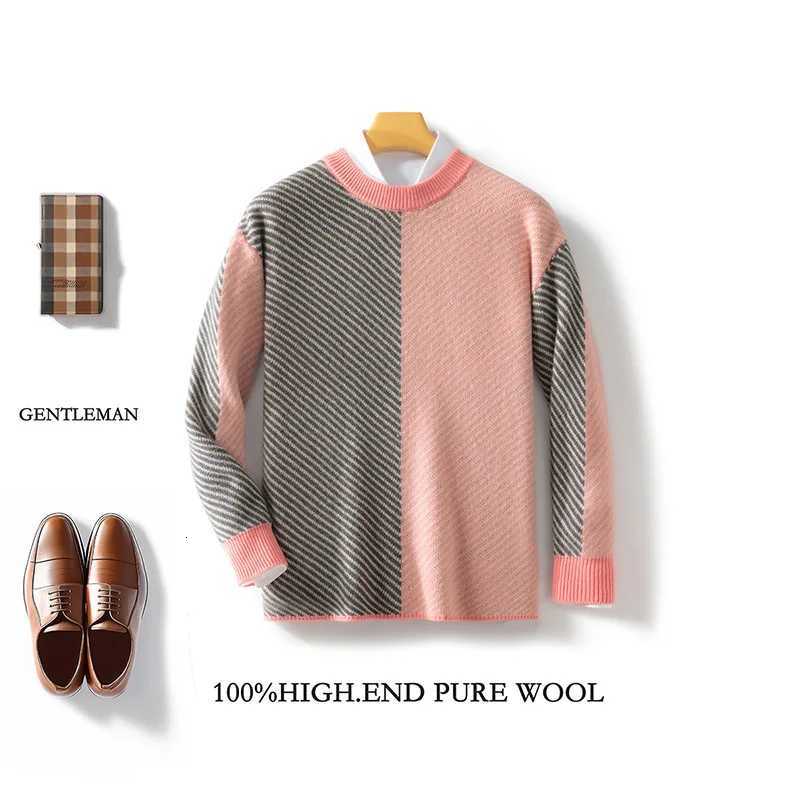Mens 100 Merino Wool Fashion ONeck ColorBlocking Sweater Long Sleeves Pullover Cashmere Casual Comfortable Warm Clothing TopZ250918