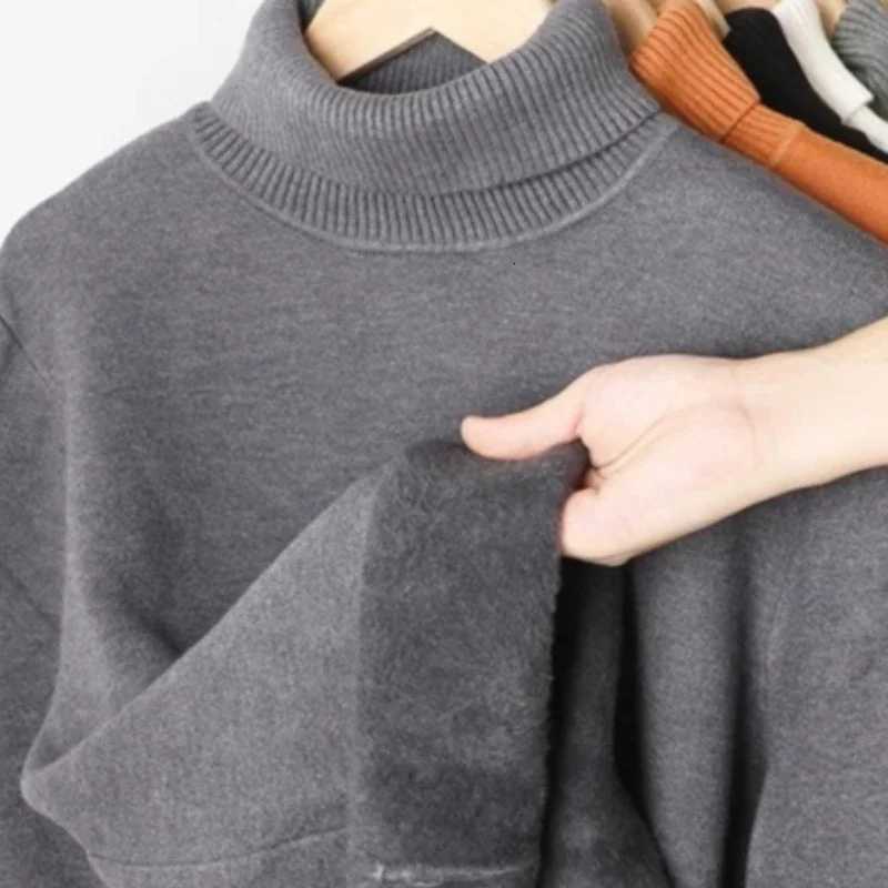 Mens Fleece TurtleneCK Knitted Sweater High Collar Pullover Male FleeceLined Lightweight Ribbed Solid Blouse SweaterZ250918