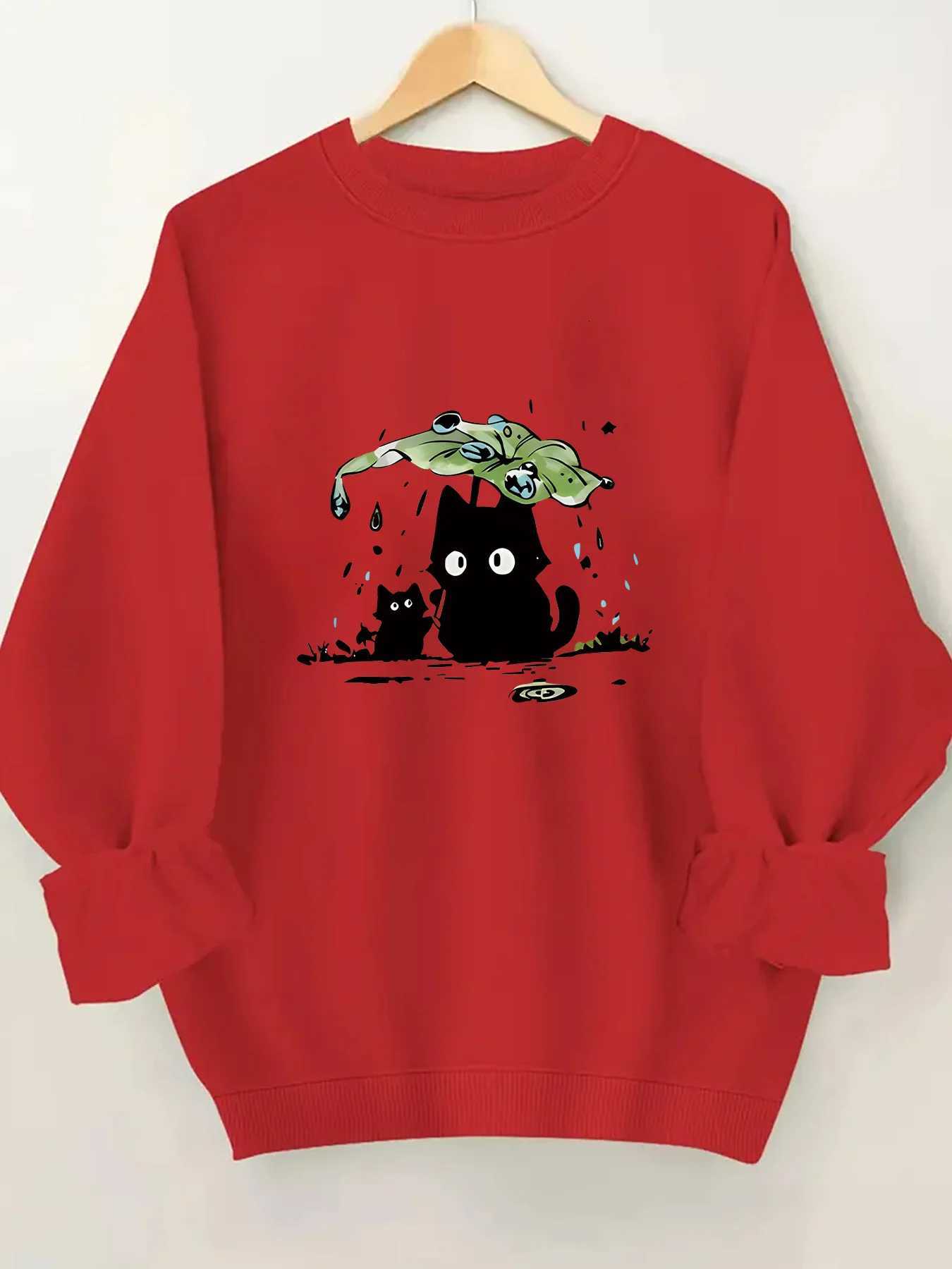 Two Cats with Lotus Leaves To Block Rain Print Women Hoodie for Autumn and Winter 2025 Round Neck Long Sleeved Womens ClothingZ250918