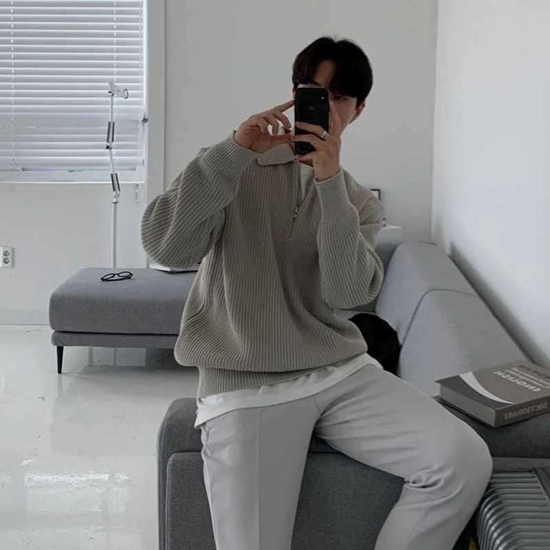 Winter Lapel Sweater Men Warm Fashion Casual Knit Pullover Men Korean Loose Zipper Long Sleeve Sweater Mens Jumper ClothesZ250918