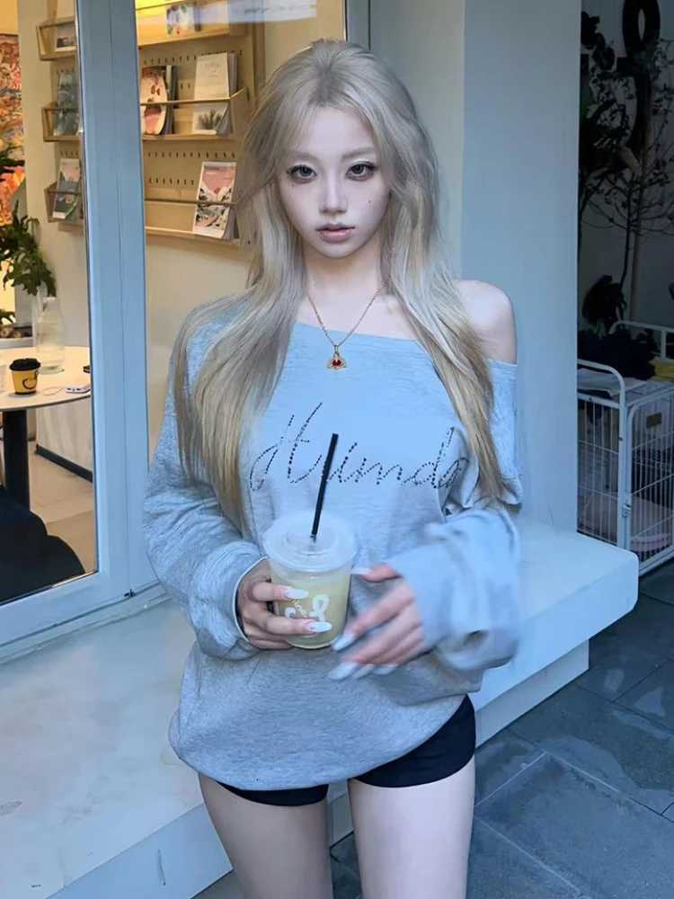 Y2k Sweatshirts Women Off Shoulder Loose Casual American Vintage High Street Aesthetic Streetwear Spring Autumn Daily HoodieZ250918