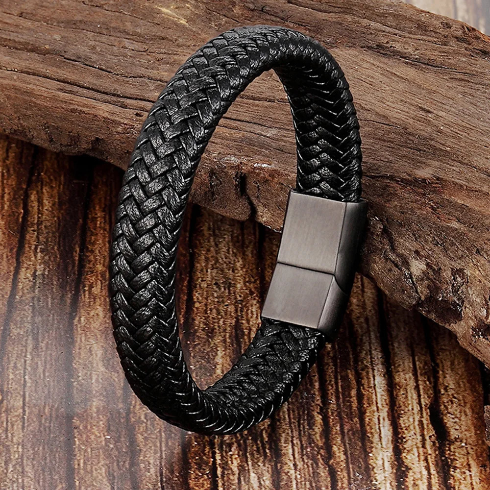 Trendy Men Jewelry Red Braided Leather Rope Bracelet Black Magnetic Buckle Bracelets Punk Wrist Band Pulsera Hombre y250919