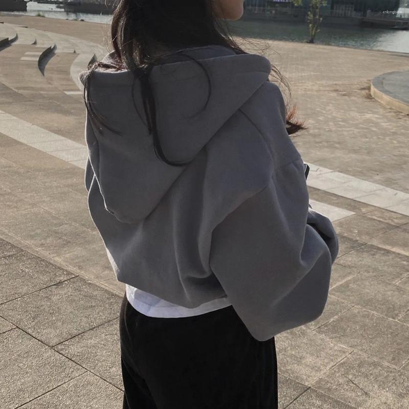 Women's Hoodies Casual Hood Sweatshirt Women Zip Up Solid Harajuku Long Sleeve Shirt Oversized Crop Tops Female Loose Jackets Coat
