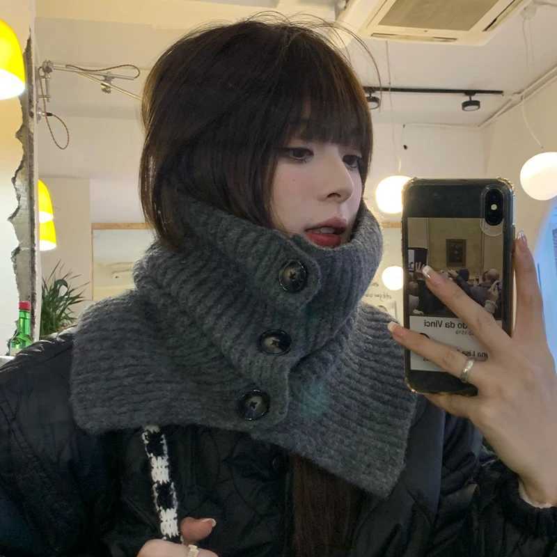 Wen Solid Color Buttons Scarf Winter Woolen Knitted High Neck Covers Shl Windproof Girls Warm Snood Scarves Y250918