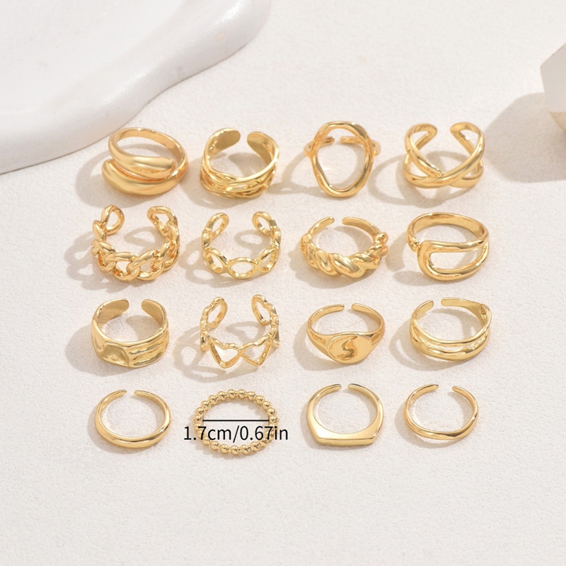 16 Pieces Thick Gold Stackable Rings for Women, Non-Tarnish, Open Stacking Rings, Knuckle Ring Set, Unique Niche - Designed Ring Set, Versatile