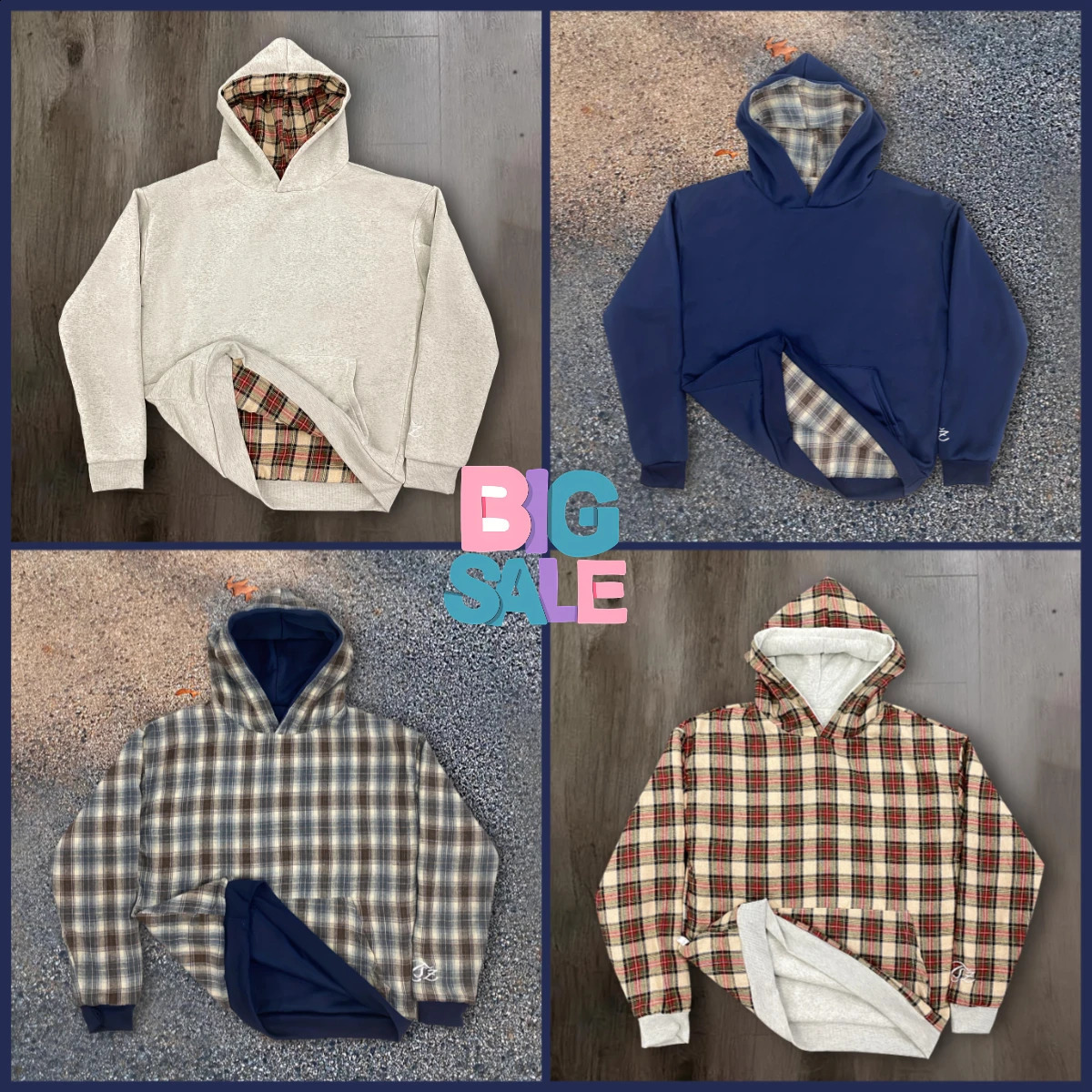 1pc Y2K Retro Hoodie Navy Blue Brown Plaid Warm Winter Pullover with Hood Unisex Streetwear Sweatshirt for Men Women 250918
