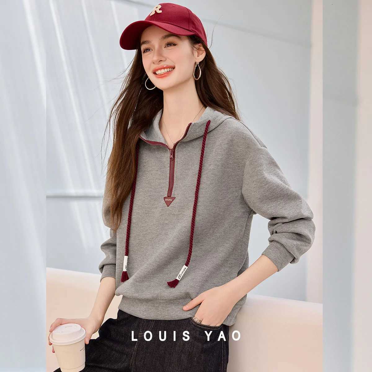 LOUIS YAO ContrastColor Zipper Design Womens Hoodies 2025 Autumn Casual Oversized DropShoulder Knit Sweatshirts Chic WearZ250918