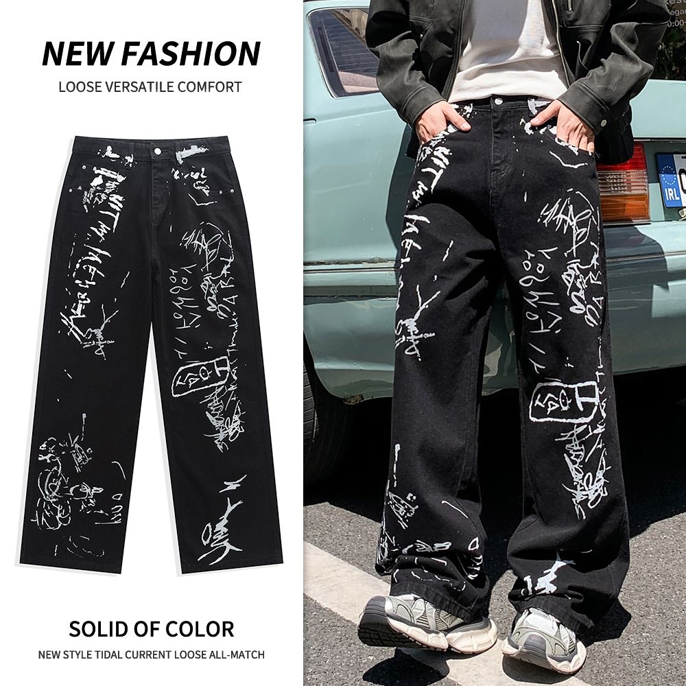 Men's Jeans Men's Autumn New Arrival American Streetwear - Loose Straight Cool Color - Splashed Trousers