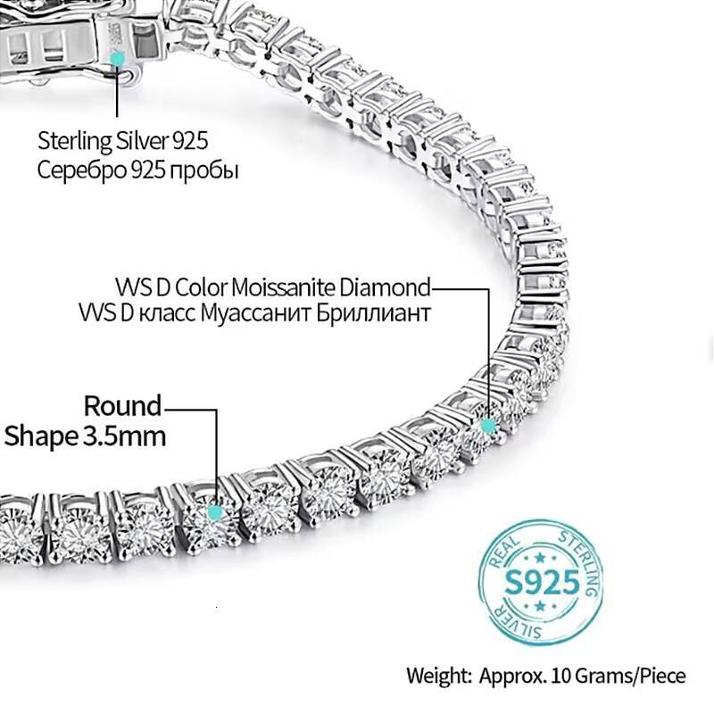 Hip Hop Jewelry 925 Sterling Silver Tennis Chain Bracelet Moissanite Diamond Iced Crystal Charm Bracelets 5mm for Wedding Gift