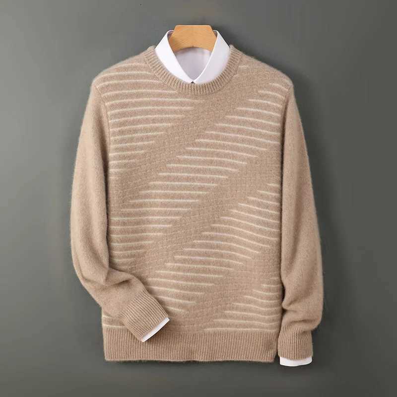 100 Merino Wool Sweater Mens Oneck Jacquard Stripe Pullover Autumn Winter Smart Casual Long Sleeve Jumper Cashmere Thick TopZ250918