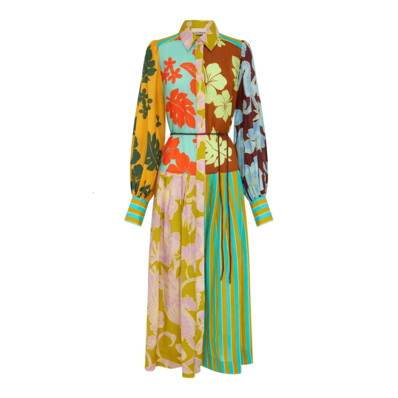 Women Dresses Designer 2025 New Fashion Casual Elegant Linen Printed Tie Shirt Dress 11 Colors