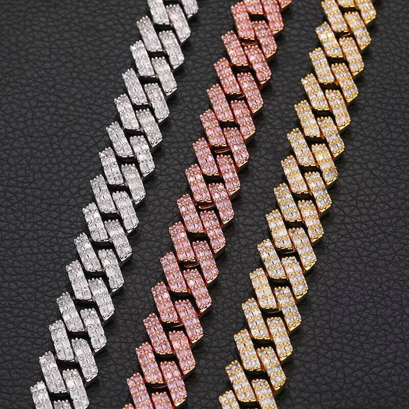 14MM Hip Hop Baguette Iced Out Cuban Link Chain Brass 18K Gold Plated Miami Cuban Link Chain