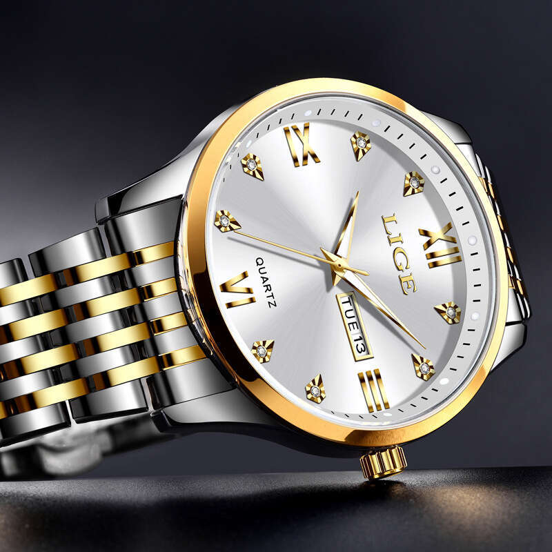 LIGE Business Simple Large Dial Men's Waterproof Luminous Dual Calendar Steel Band Quartz Watch