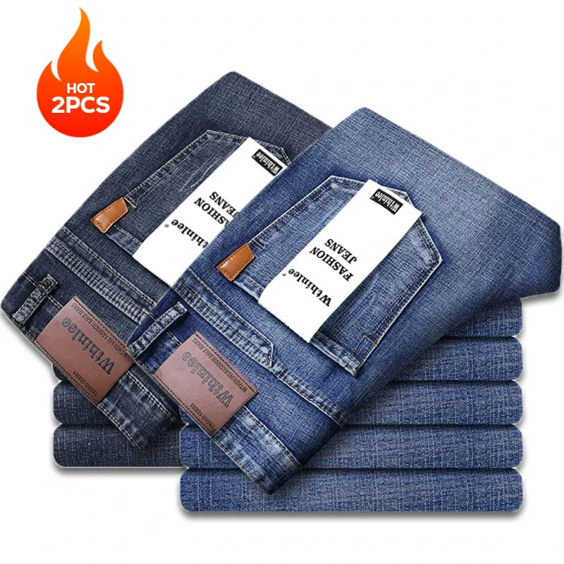 Set Da 2 Pari Whinlee Black And Blue Business Jeans Jeans Summer Micro Elastic Straightleg Multicraft Highquality Denim Pants 250917-image