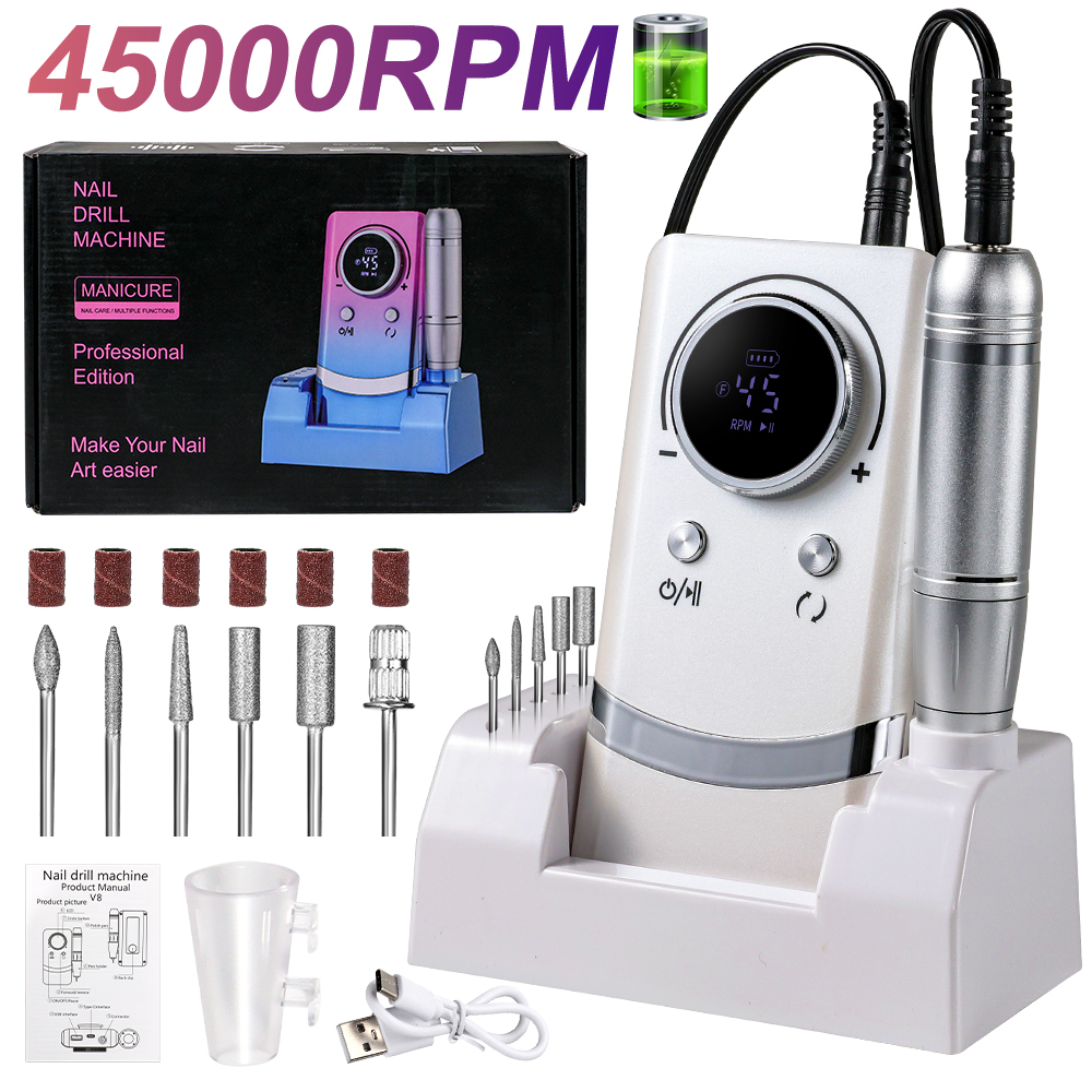 Professional Electric Nail Drill, 45000 RPM Cordless Rechargeable E-File Machine, with 12 Bits, Sanding Bands, LCD Display for Acrylic Gel Nails (DMJ-