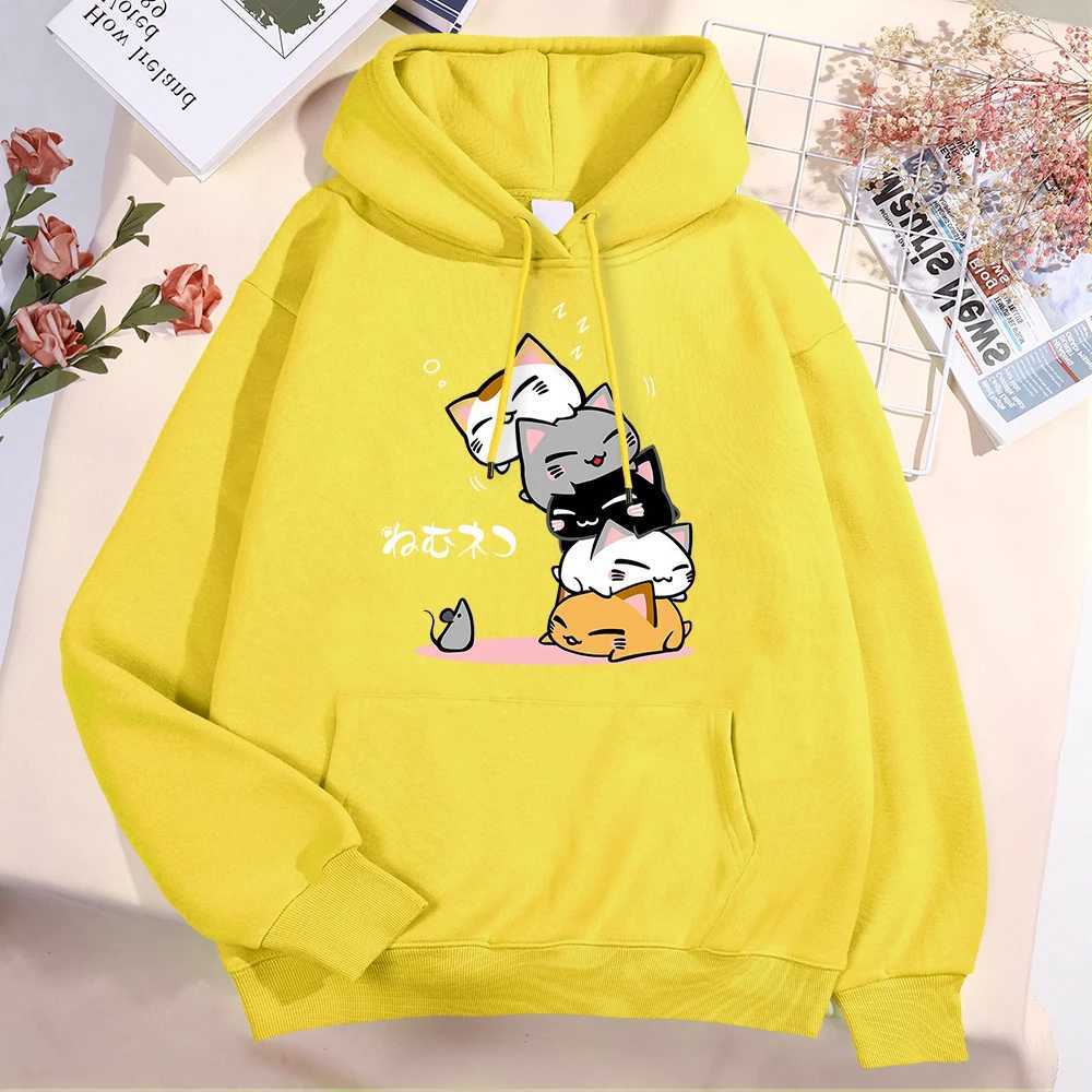 Cute Layered Cat Cant See The When SLeeping Hoodie Womens Fashion Round Neck Clothing Cute Hoodie Street SweatshirtZ250918