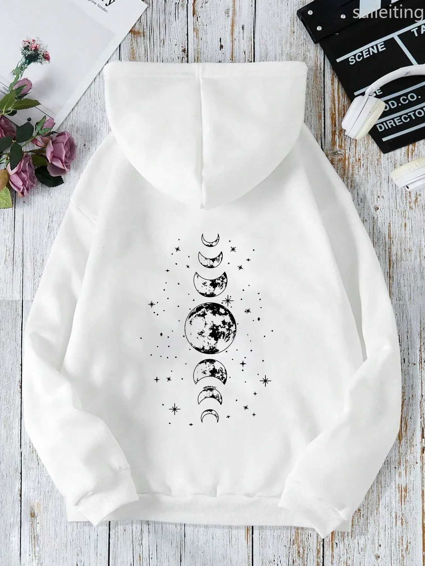 New with Different Moon Prints Front and Back Printed kangaroo pocket Hoodies Casual and Fashionable Womens ClothingZ250918