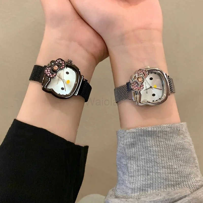 Sanrio Hello Kitty Diamond Watch Cat Bow Kawaii Pink Ladies Gold Sliver Metal Jewelry Cartoon Magnetic Watch Girlfriend Birthday L250918