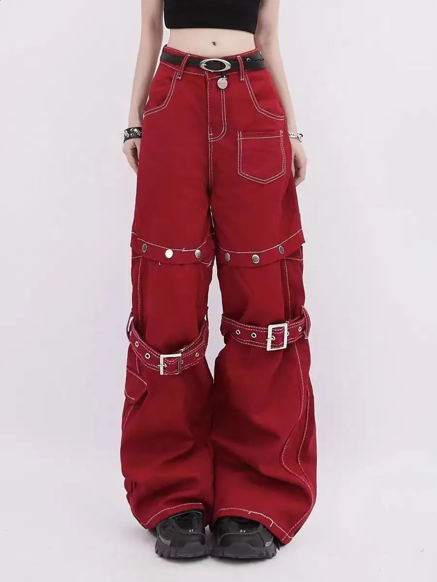 90s Hip Hop American Women Red Fashion Overalls TwoInOne Detachable Loose Jeans Y2K Wide Leg Pants Korean Retro Street Wear Z260313