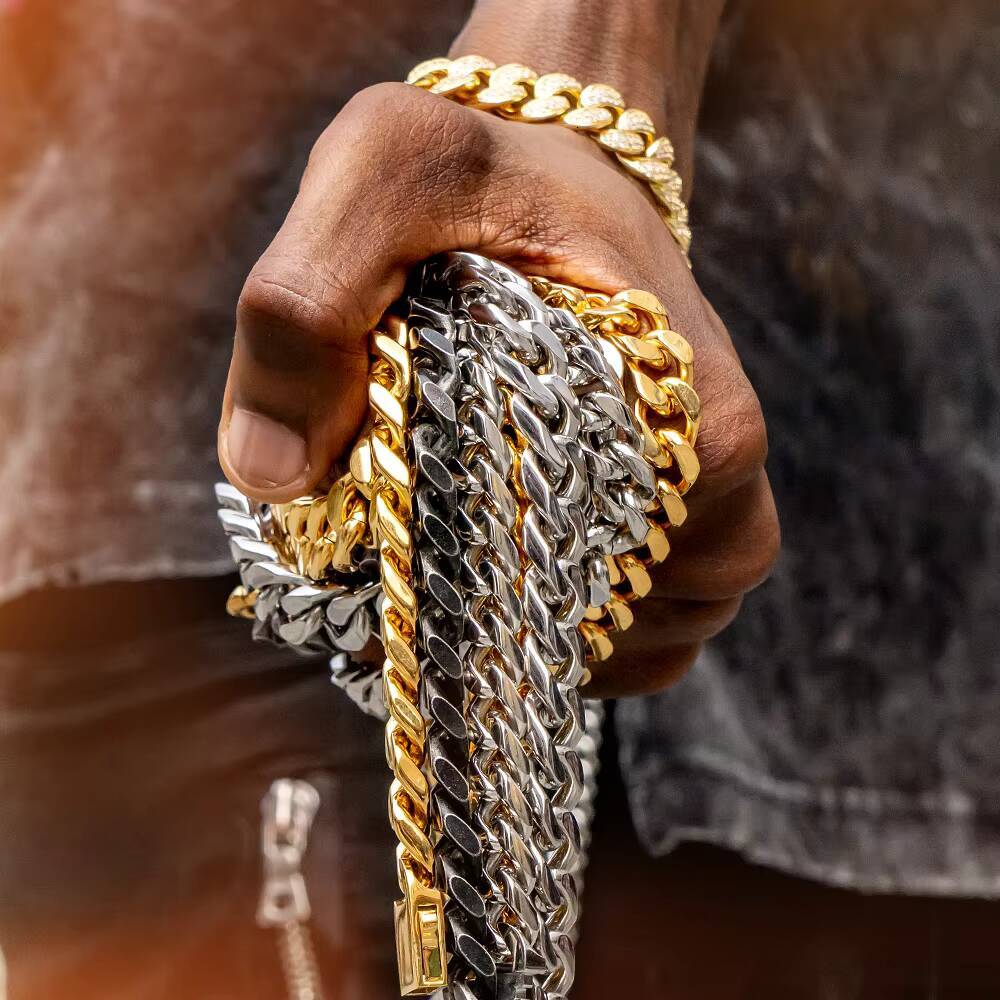 KRKC Wholesale Hip Hop Jewelry 14k 18k Gold Plated Curb Necklace Gold Filled Miami Stainless Steel Cuban Link Chain for Men