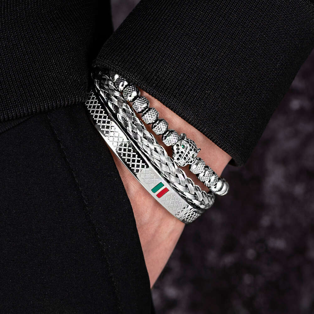 Micro Inlaid Leopard Head Bracelet Set Stainless Steel Red Green Striped Bangle