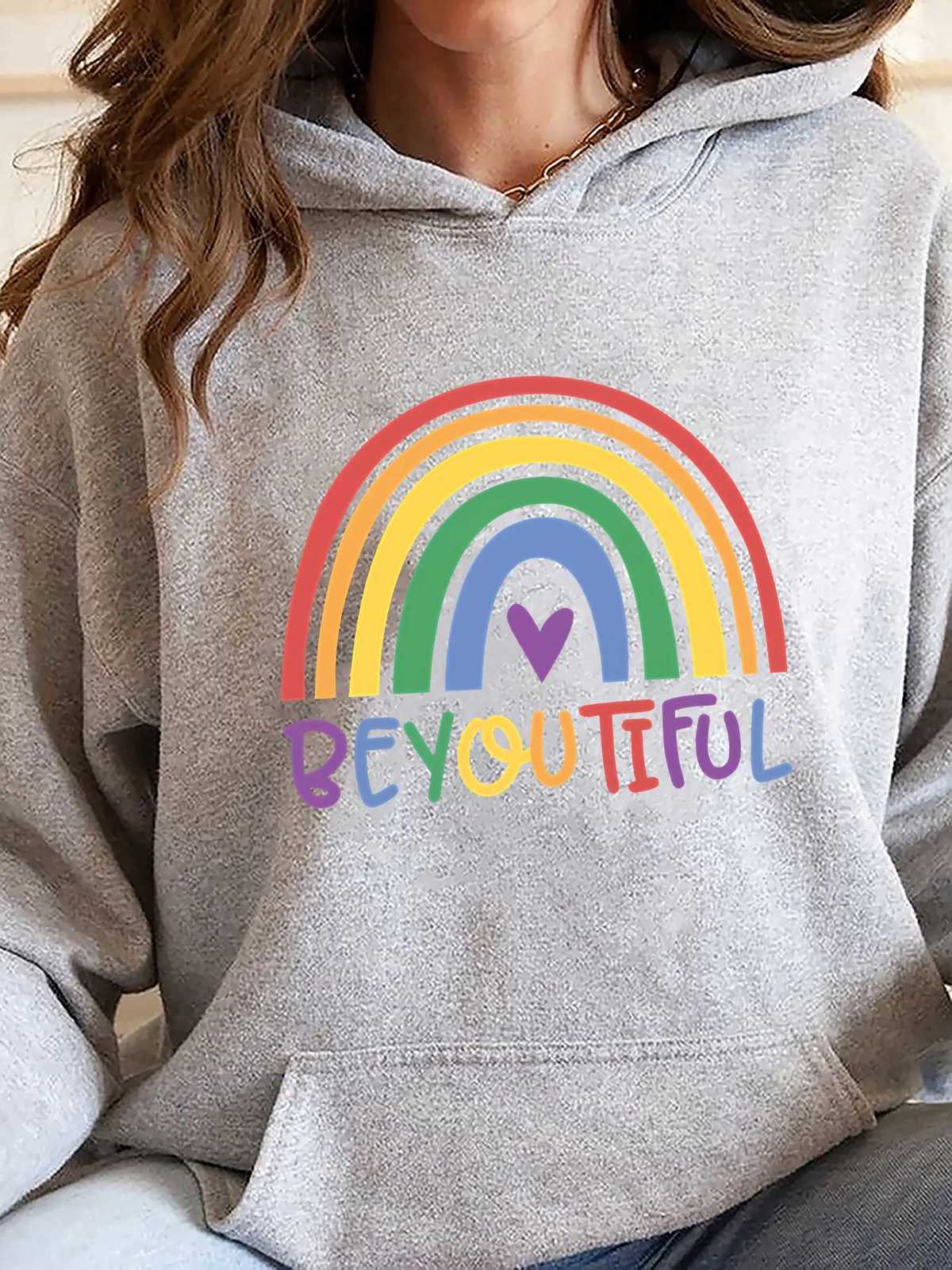 Womens Hoodie with Beautiful Rainbow Beyoutiful Print 2025 New Autumn Winter Top Hooded Long Sleeved Womens Casual ClothingZ250918