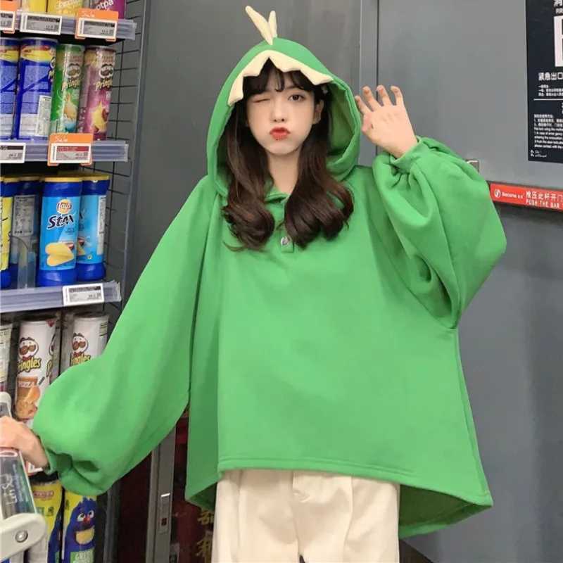 Autumn Women Cartoon Dinosaur Horn Cap Hoodies Harajuku Sweatshirts Cute Front Short Back Long Halloween Dragon Shape PulloversZ250918