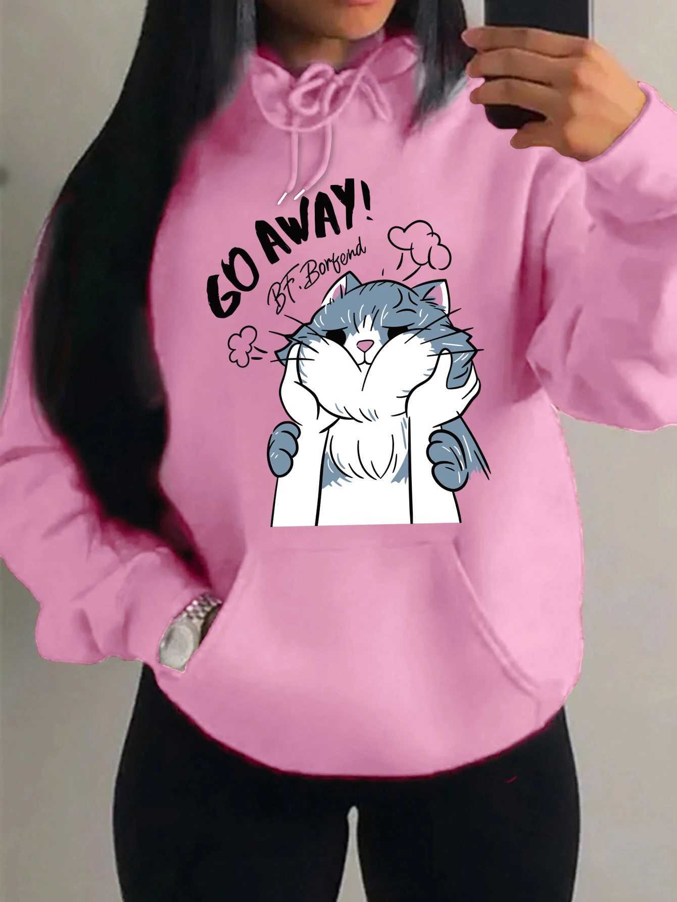 Go Away The Touched Cartoon Cat Printing Women Hoodie Casual 2025 Winter Hoodies Sweatshirt Comfortable Fleece SportswearZ250918