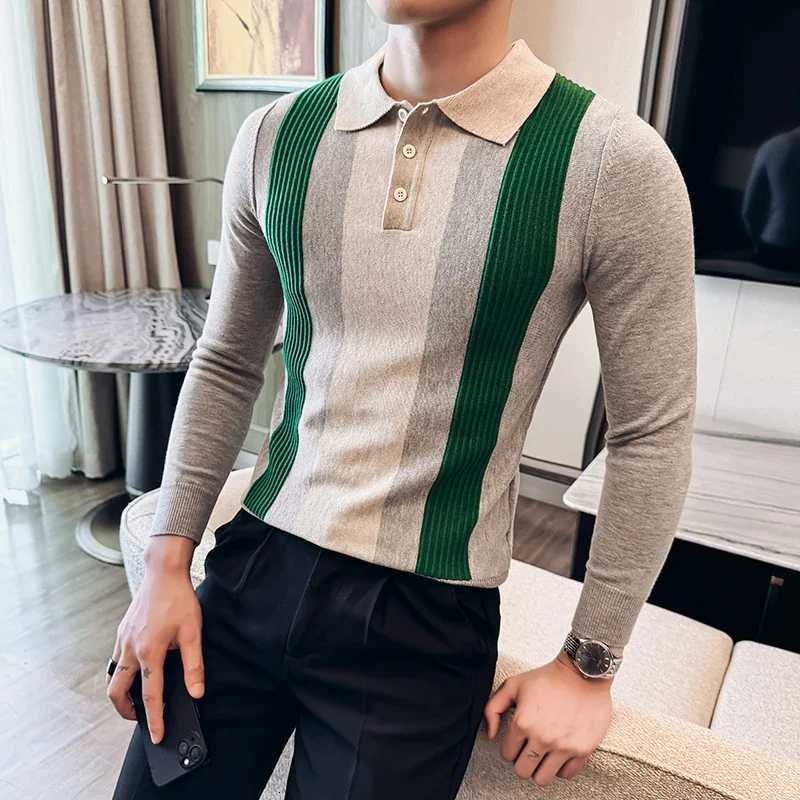Autumn Winter Mens Knitted Polo Shirts Luxury Long Sleeve Stripe Business Casual Zipper Tshirts Fashion Slim Fit Man SweaterZ250918