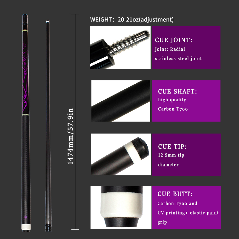 OKHEALING 1/2 Split Carbon Fibre Pool Cue Billiard Cue Stick Tip Diameter 12.9mm Total Length 1474mm/58inch Radial Pin Joint Weight 20Oz Billiard Stic