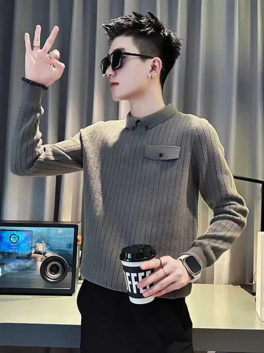 Base Sweater Long Sleeve Casual Trendy Slim Striped Handsome Winter Mens Sweater POLO Collar TopZ250918