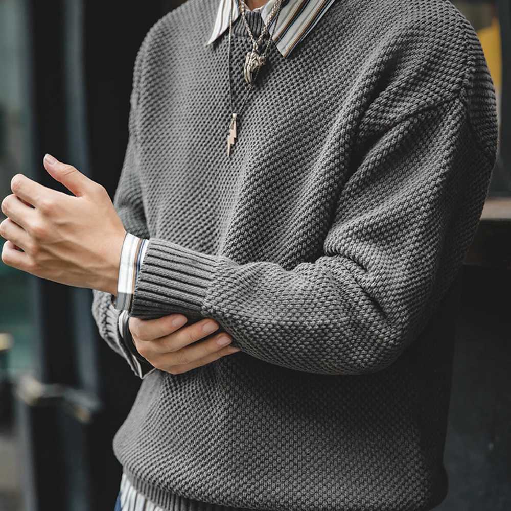 Maden Men Pullover Sweater Japan Retro Heavy Pineapple Grain Thick Oneck Knitted Oversize Harajuku Streetwear Casul SweaterZ250918