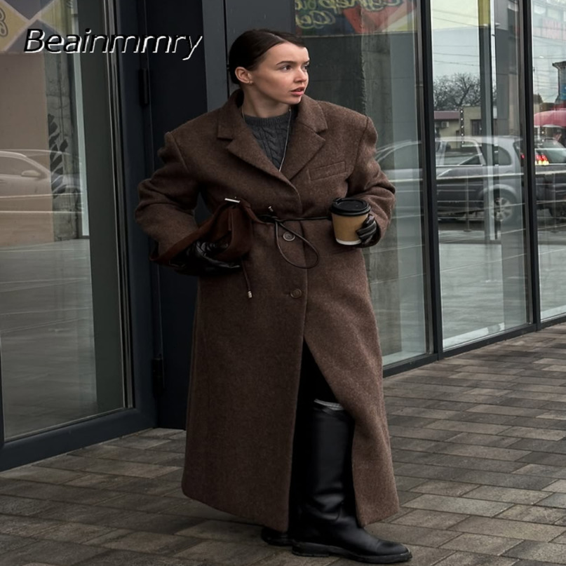 Elegant Womens Brown Wool Blend Overcoats Chic Shoulder Pads Singlebreasted Long Sleeve Coats Autumn Outerwears 250917