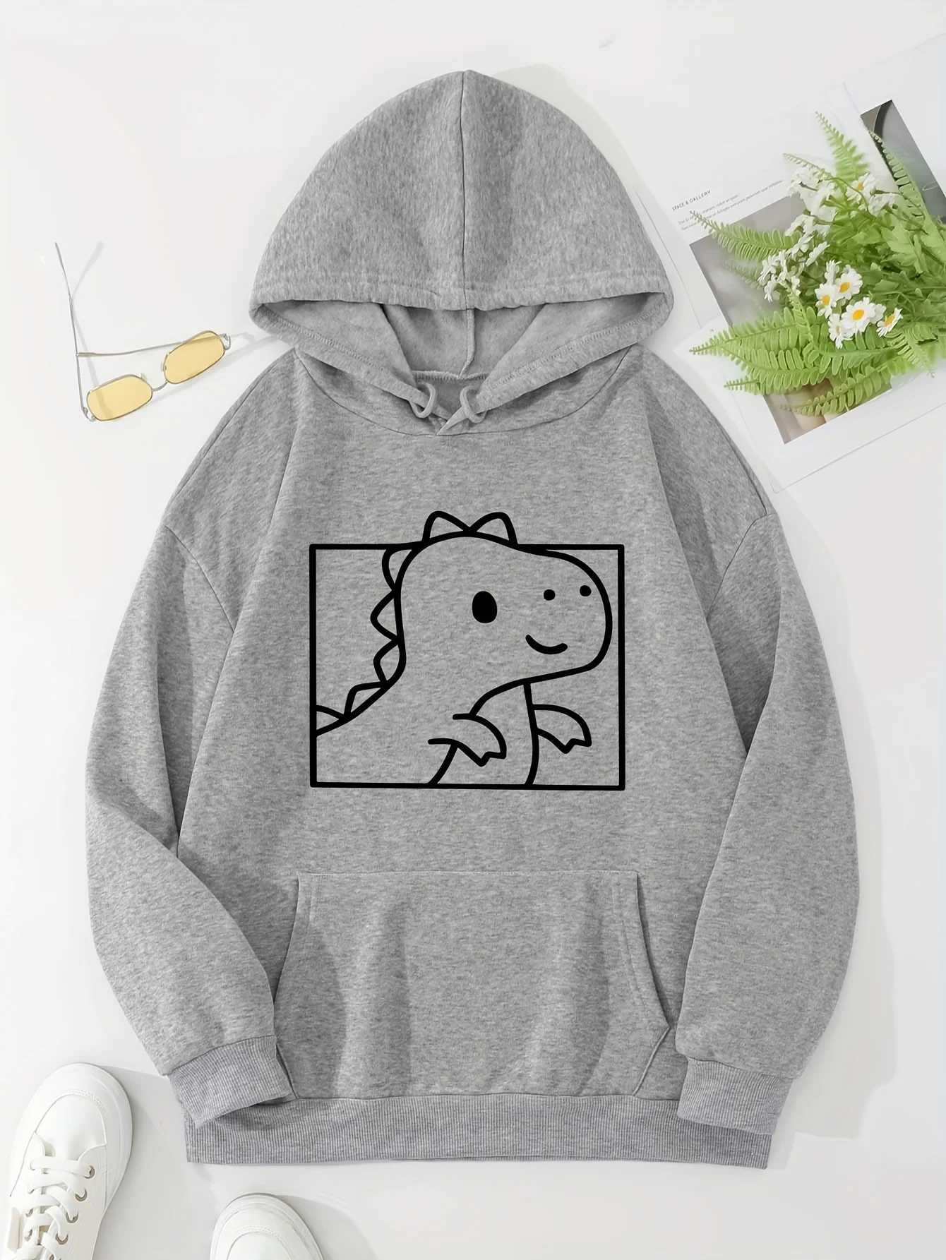 Cartoon Dinosaur Pattern Print 2025 Autumn Winter Womens Hoodie Casual Top Long Sleeved Hoodie Sweatshirt Womens ClothingZ250918